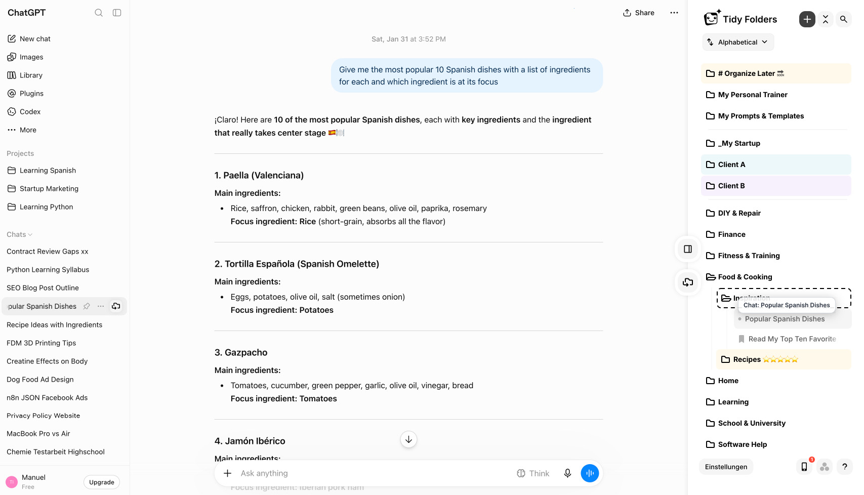 ChatGPT folders in action: the Tidy Folders panel next to an open ChatGPT chat, with alphabetically sorted folders like Client A, Finance and Food & Cooking, and a conversation being dragged into a subfolder