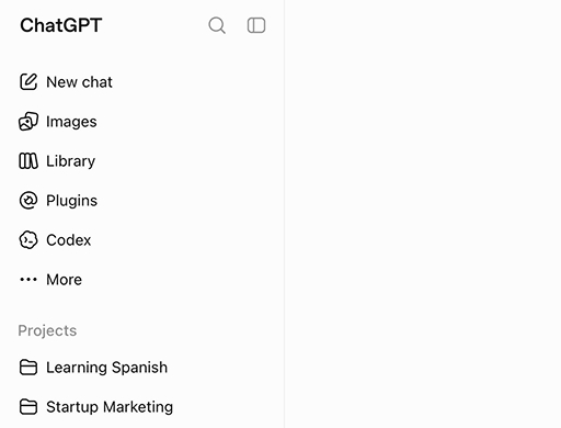 No ChatGPT folders in the native sidebar: just the flat Projects list with entries like Learning Spanish and Startup Marketing, plus search