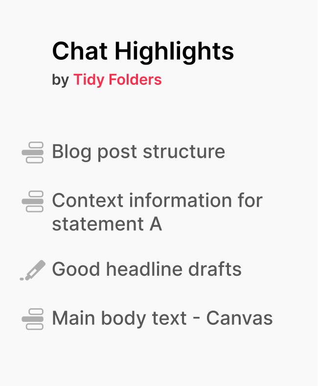 The Chat Highlights panel of the ChatGPT folders extension: saved highlights such as Blog post structure and Good headline drafts, each linking back to its exact spot in the chat