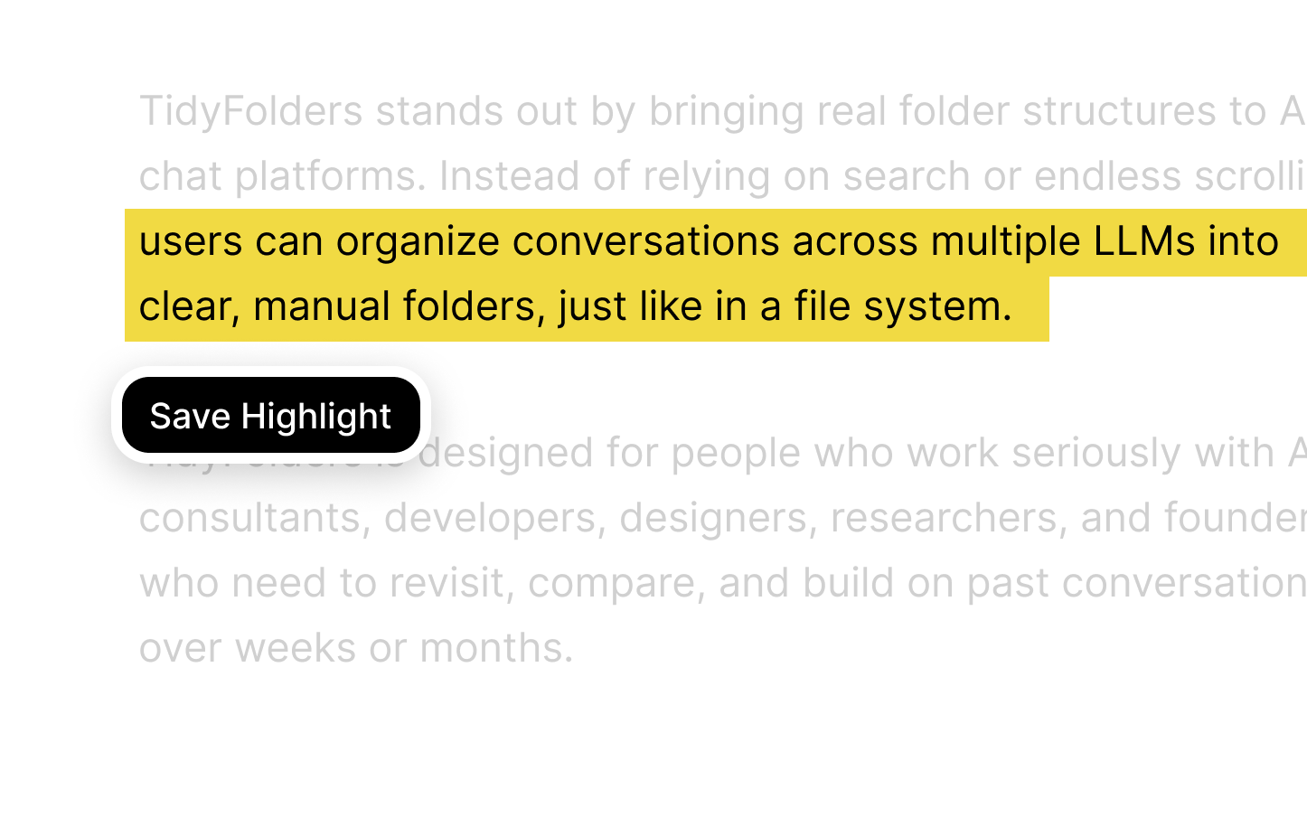 Text highlighting in the ChatGPT folders extension Tidy: the key passage of an answer marked in yellow, with the Save Highlight button below
